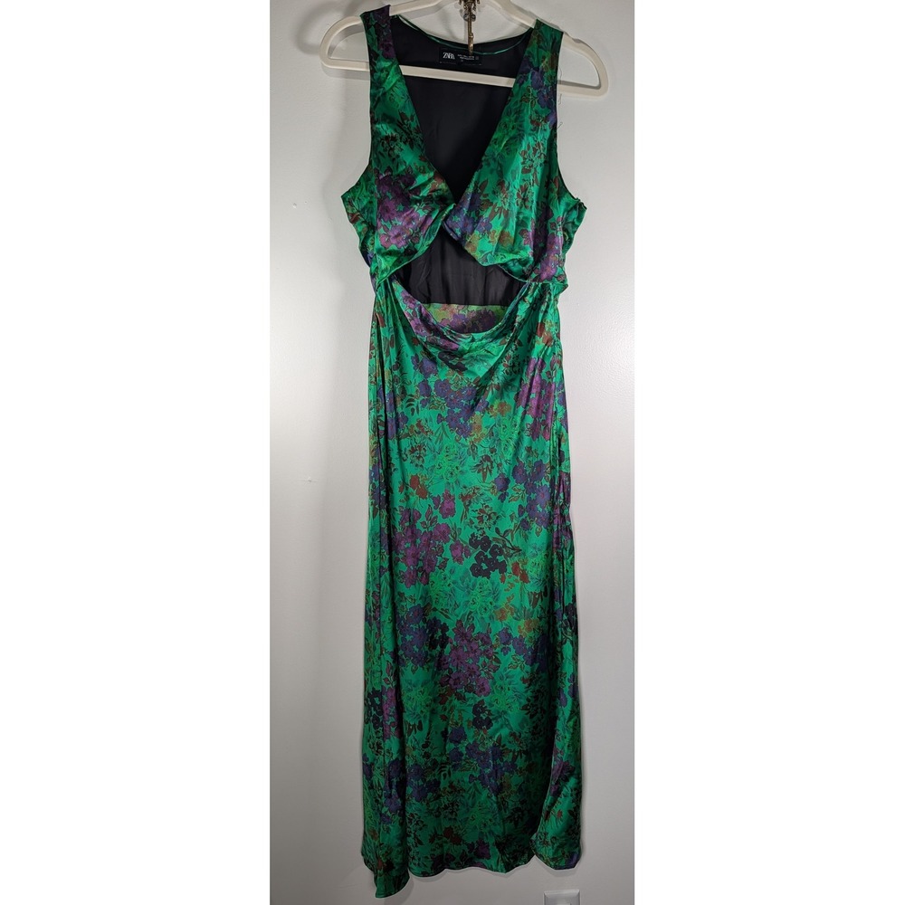 Zara Green Floral Satin Cutout Maxi Dress Sleeveless V-Neck Size L 8949/179/330